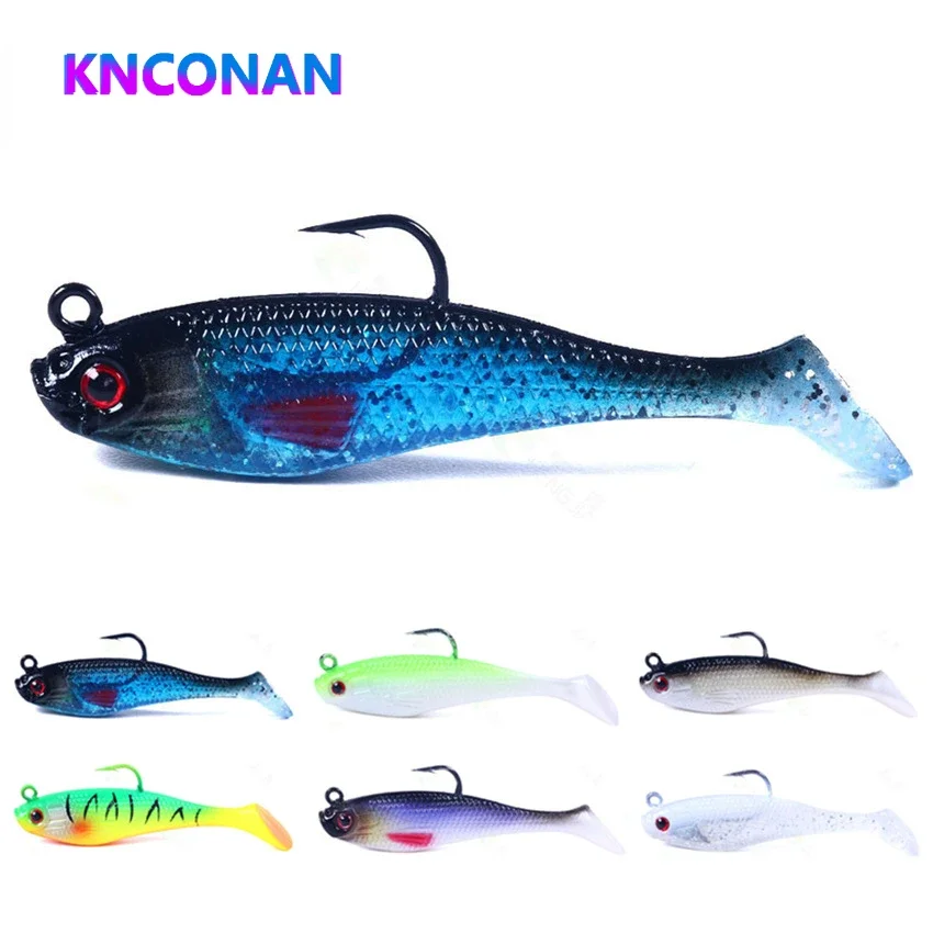 Señuelo de pesca de goma Artificial, cabeza de Jigs de pesca en el mar, cebo suave de silicona, Wobbler de cola en T, aparejos de pesca Swimbait, 80MM, 10g - imagen 2