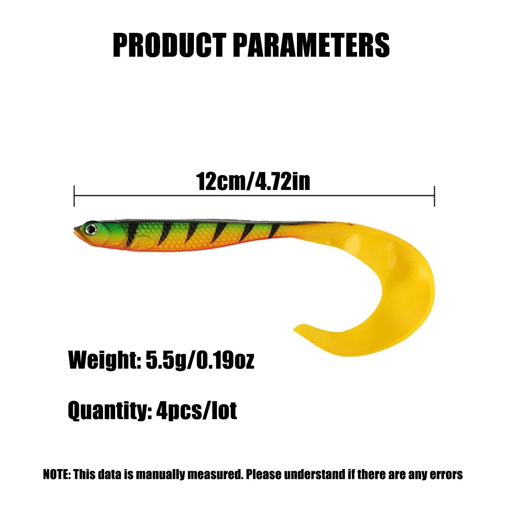 4 unids/lote cebos de gusano blando, cebos de lubina de cola larga, señuelo de pesca realista 4 Uds Jigging Wobblers señuelo de pesca 12,5 cm 55g Shad cola en T - imagen 5