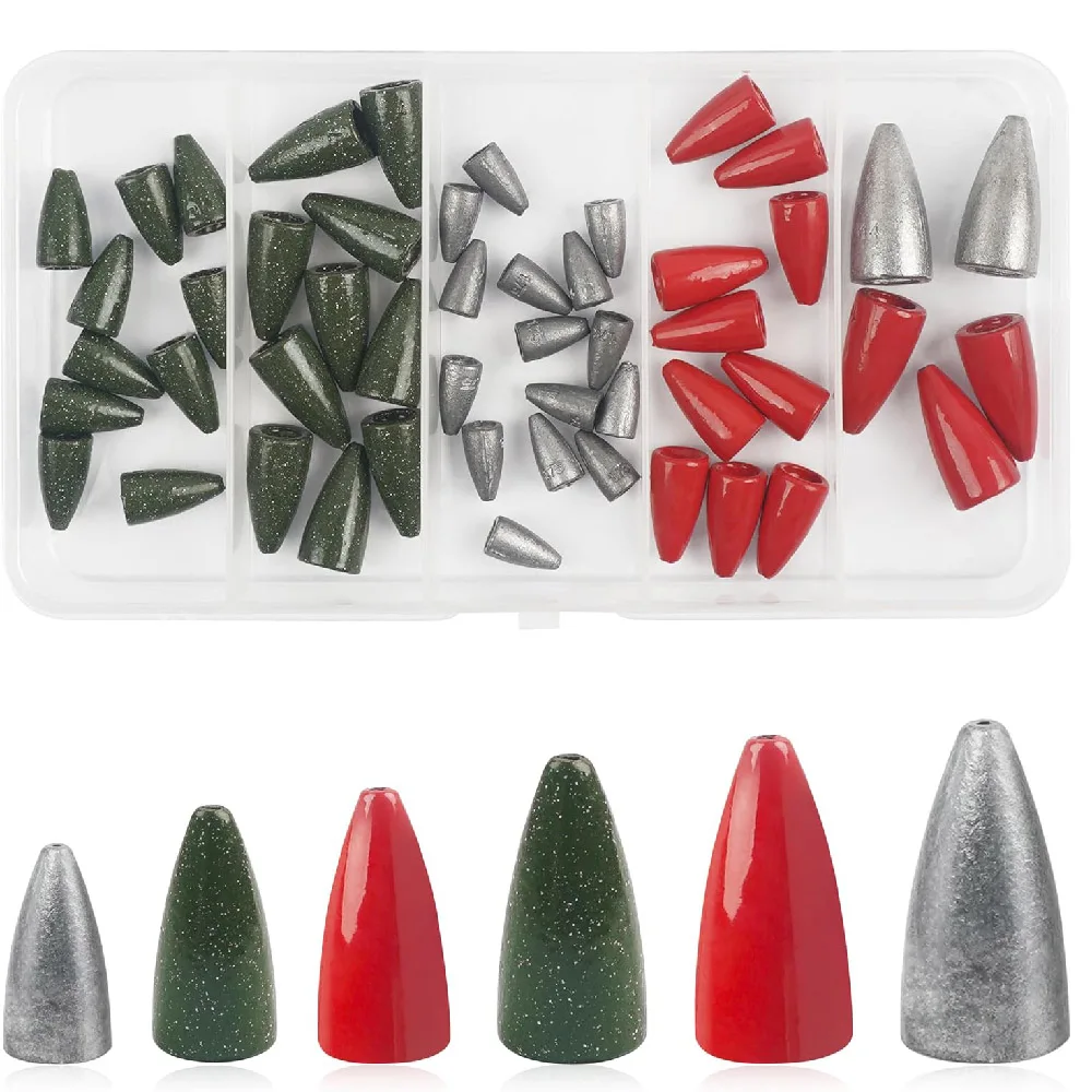 50 Uds. De plomos de pesca tipo bala, Kit de pesas de gusano, surtido de plomos deslizantes para pesca de lubina, aparejos de pesca Carolina Texas