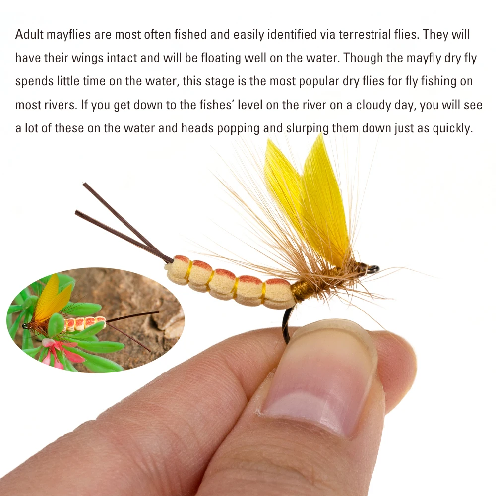 Wifreo-Señuelos de Pesca de lubina, 6 piezas, plumas amarillas realistas, alas Mayfly, Nymph, mosca seca, río rocoso, trucha - imagen 5