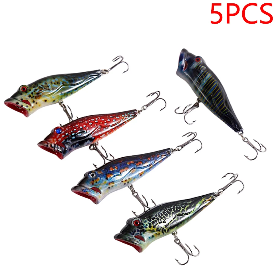 Juego de Señuelos de Pesca Popper Crankbait a rayas, aparejos pintados con puntos, cebo duro Artificial con gancho, 8cm/12,4g, Wobbler para peces/luccio, 5 uds. - imagen 2