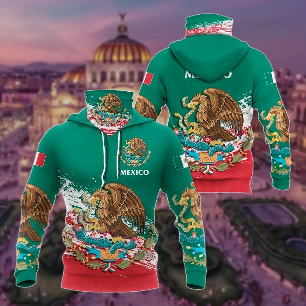Escudo de armas de México-armadura con estampado 3D para hombre, polaina para el cuello para adulto, Sudadera con capucha de invierno Unisex, informal, cálida y gruesa con máscara ZZ03 - imagen 3