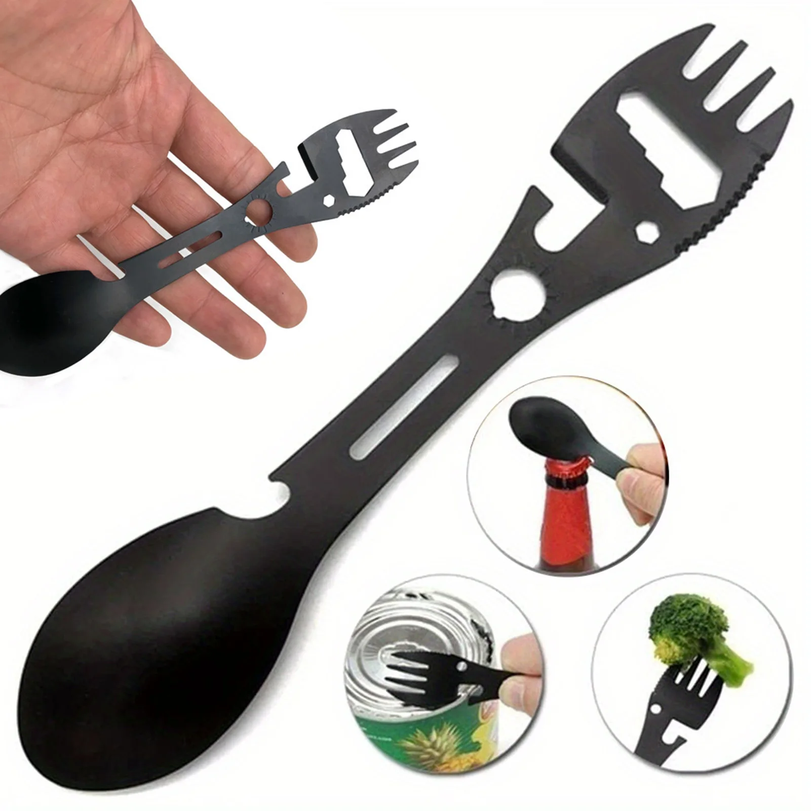 Cubiertos portátiles para exteriores, tenedor duradero de acero inoxidable, cuchara, tenedor multifuncional con abridor de botellas para acampar, Picnic, barbacoa - imagen 4