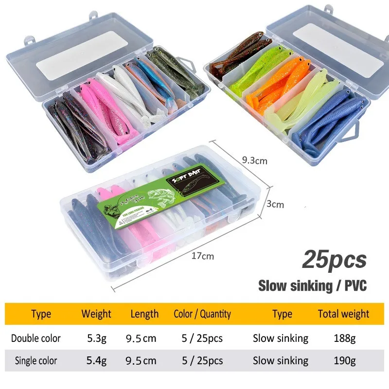 Juego de Señuelos de Pesca de 25 piezas 95mm, Swimbait falso para curricán, Kit de cebo de silicona Wobbler, señuelo depredador de pesca marina con caja - imagen 3