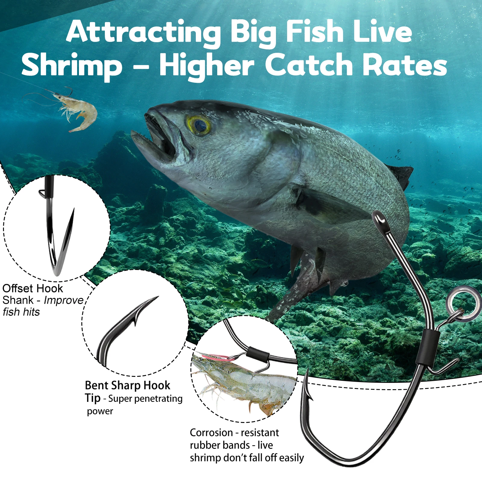 FishTrip-anzuelo para camarones vivos, cebo compensado, anzuelo de pesca, pico de bagre, anzuelos triangulares, cebo vivo, anzuelos de espacio amplio, agua salada para lubina - imagen 4