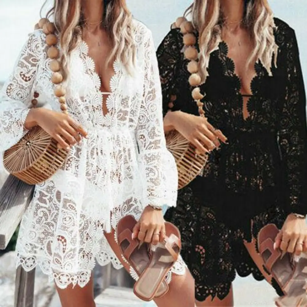 Vestido de playa tipo pareo de encaje negro y blanco para mujer - imagen 5