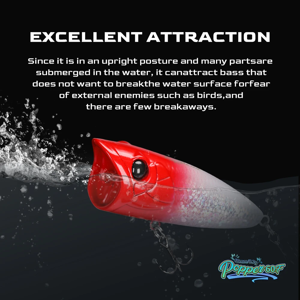 TSURINOYA-señuelo de pesca Topwater Popper RIPPER 60F, cebo duro de fundición larga, Lucio, juego de lubina, superficie de ratón grande, modelo oscilante, 60mm, 8,7g - imagen 5