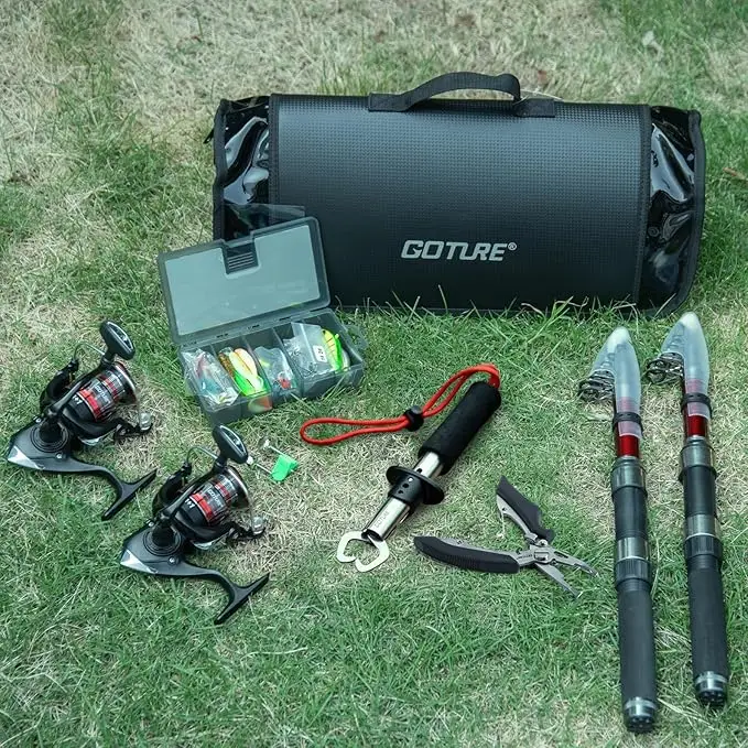 Goture, 2 uds., Combos de carrete de caña de pescar negra y roja, Kit telescópico preenrollado de 1,8 M-2,7 M, herramienta de señuelo, regalos de agua dulce y salada para viajes