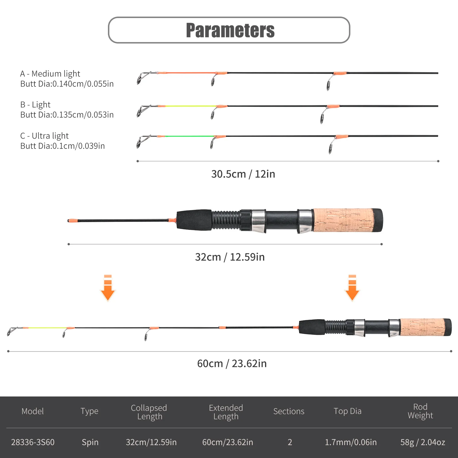 Caña de pescar ligera, caña de pescar en hielo con mango de 3 puntas, Mini caña de pescar telescópica portátil para aparejos de pesca de carpa de invierno - imagen 5