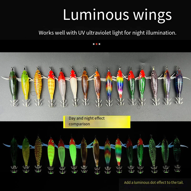 Señuelos de pesca para camarones, señuelo para camarones con cabeza de anzuelo, plantillas de calamar, señuelo con cola luminosa, plantilla láser para camarones de madera y agua salada - imagen 2