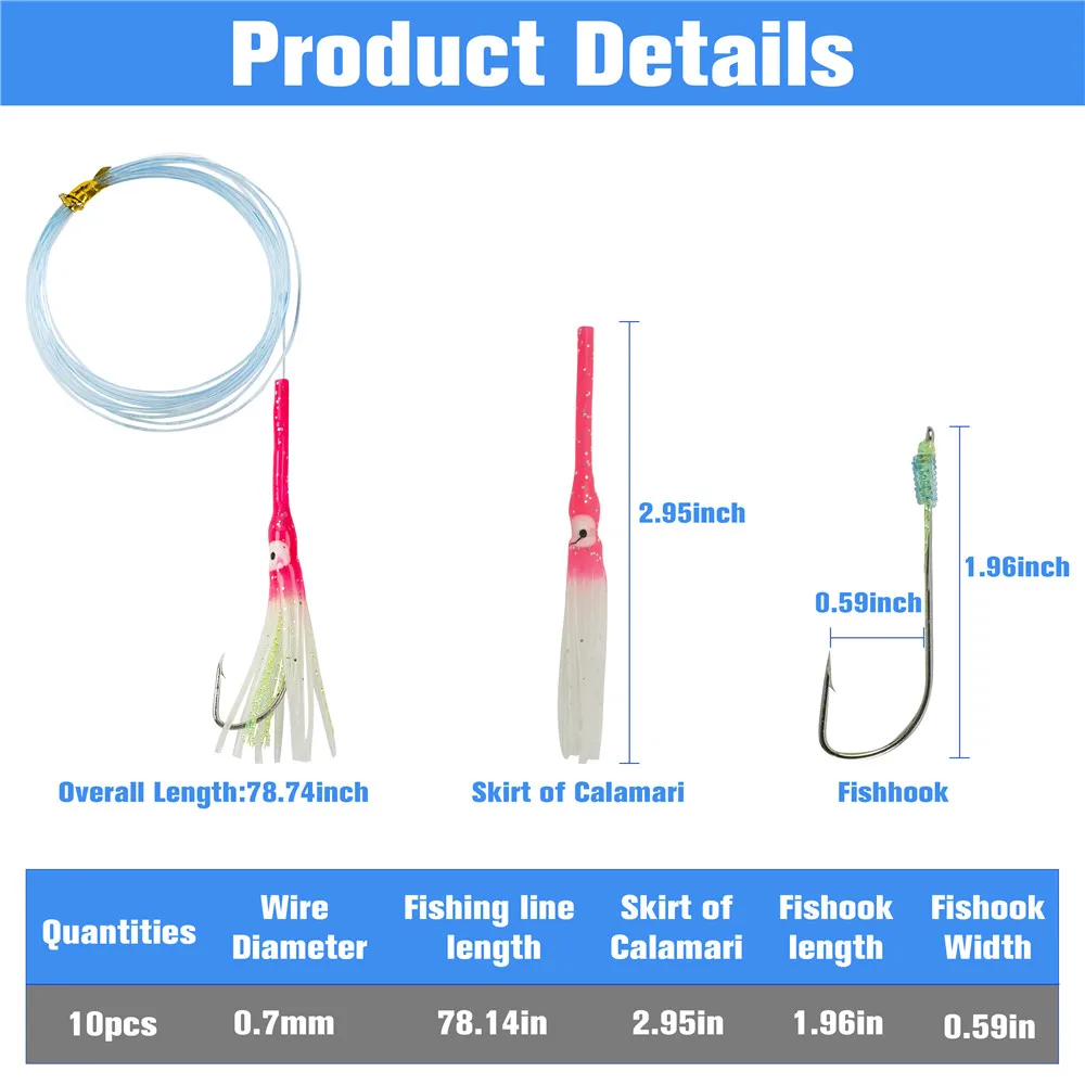 10 Uds. De faldas de pesca con forma de pulpo, aparejos de cebo, faldas de calamar luminosas antimordedadas para cola de pelo, caballa, señuelo de pesca, 3/0 - imagen 3