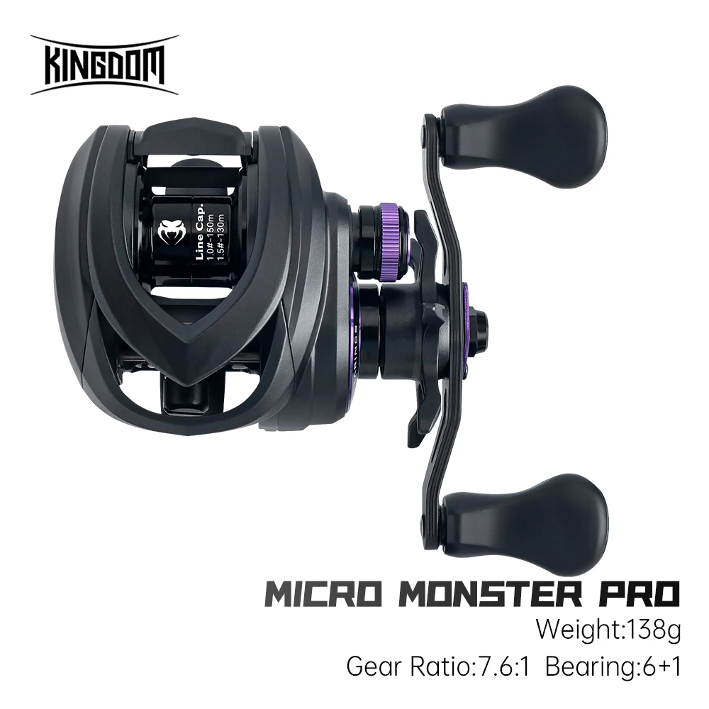 Carrete de Pesca Kingdom Micro Monster Pro, Carrete de Baitcasting, Arrastre Máximo de 4.6 kg, Relación de Engranajes 7.6:1, Material de Carbono Ultraligero de 138 g