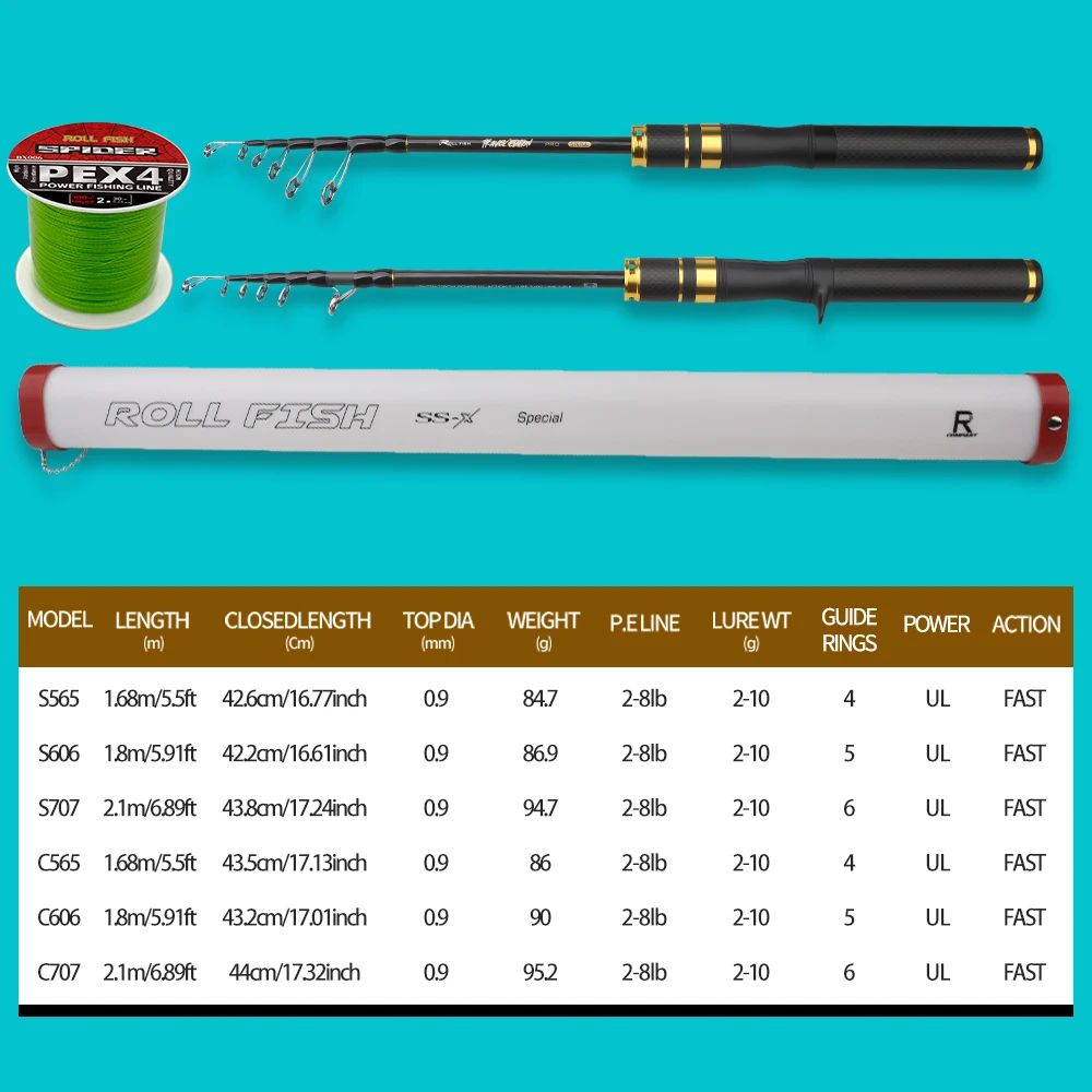 ROLLFISH UL Caña de pescar liviana de fibra de carbono de viaje telescópica portátil para lubina, panfish y agua salada, incluye línea de PE de 100 m - imagen 5
