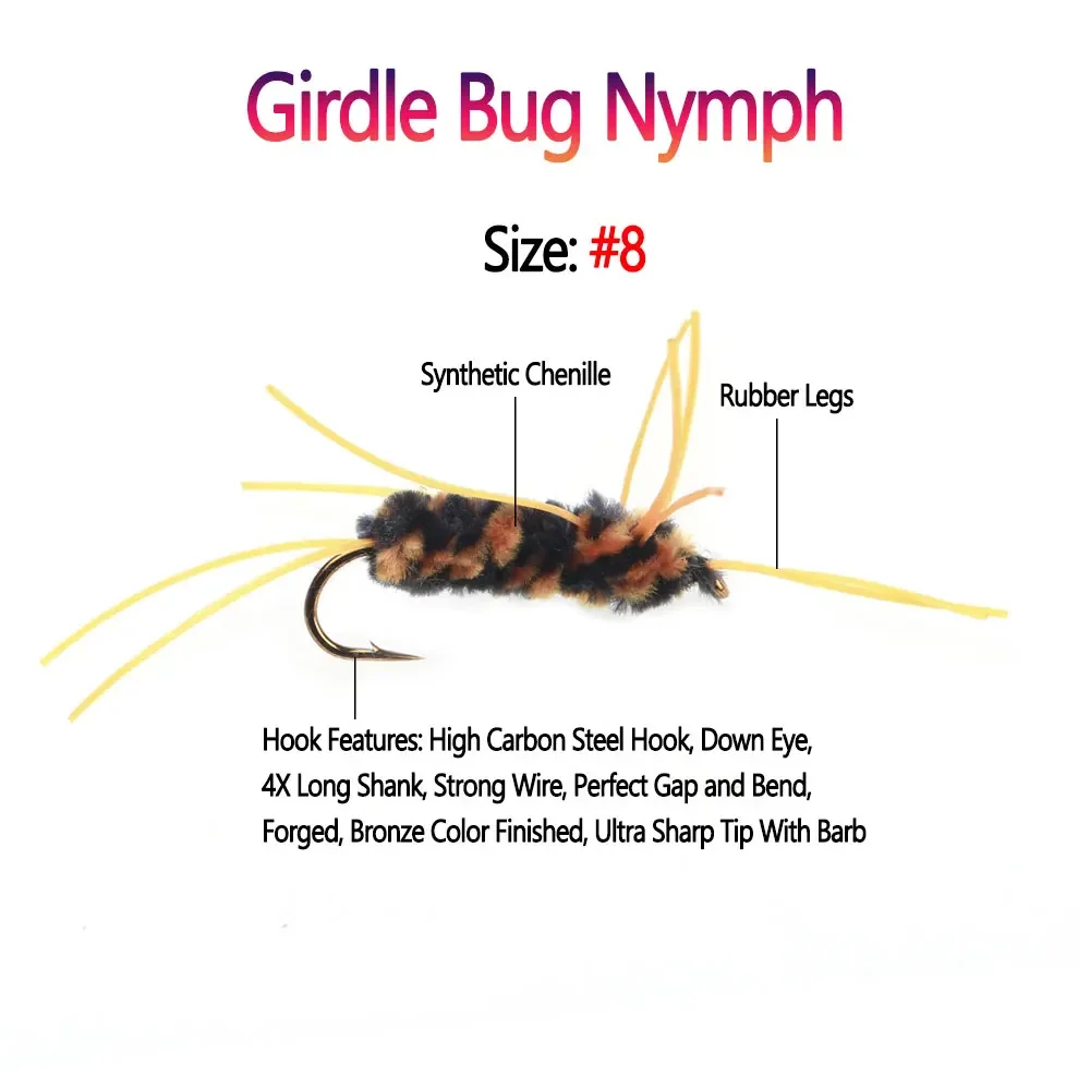 Bimoo 6PCS # 8 faja Bug Ninfa patas de goma Stonefly Ninfa chenilla sintética gusano lanudo mosca para pesca de trucha cebos - imagen 2