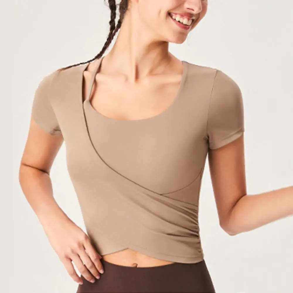 Correr con sujetador deportivo Camisa de yoga Camisa deportiva transpirable cruzada Camiseta sin mangas elástica de manga corta Deportes al aire libre - imagen 4