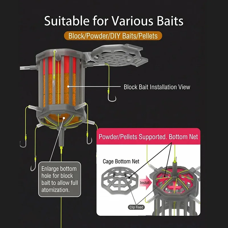Jaula de pesca de fondo invertida con anzuelos y alimentador para pesca en agua dulce - imagen 3
