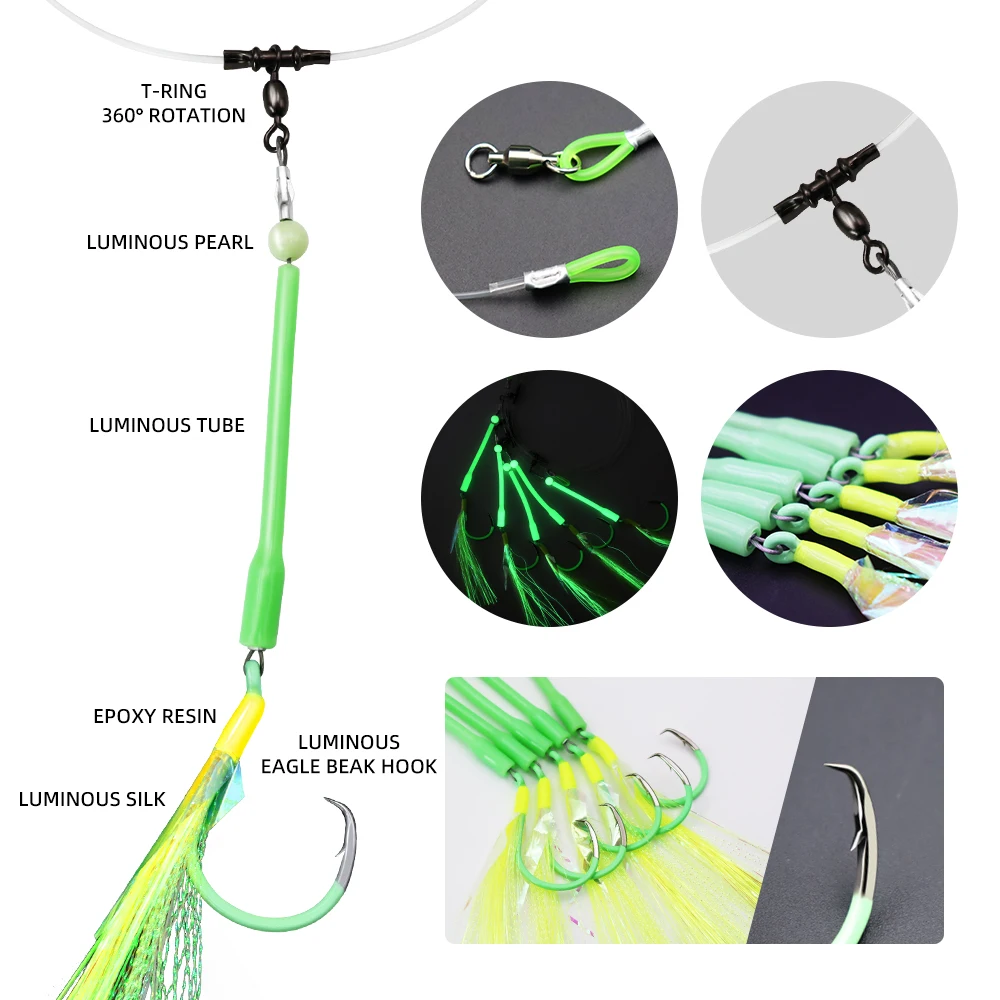 ZYZ 1 pieza de aparejos de caída profunda con 5 anzuelos circulares luminosos, aparejos de cebo de pesca para barcos de agua salada, Ideal para atún, bacalao, Redfish Marlin - imagen 5