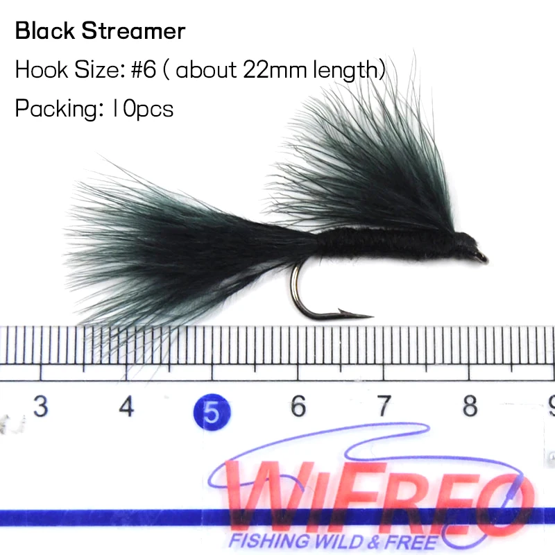 WIFREO 10PCS 6 #   Cebo de pesca falso con mosca, serpentina negra, Mini señuelos para peces, Bugger Fly, señuelo de pesca de trucha - imagen 2
