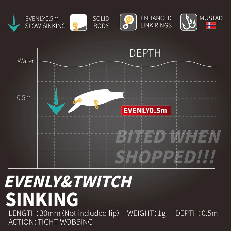 LUREHOLIC 3cm 1g Mini hundimiento Extra Micro Minnow señuelo duro profundidad de cebo 0,5 m con gancho MUSTAD - imagen 3