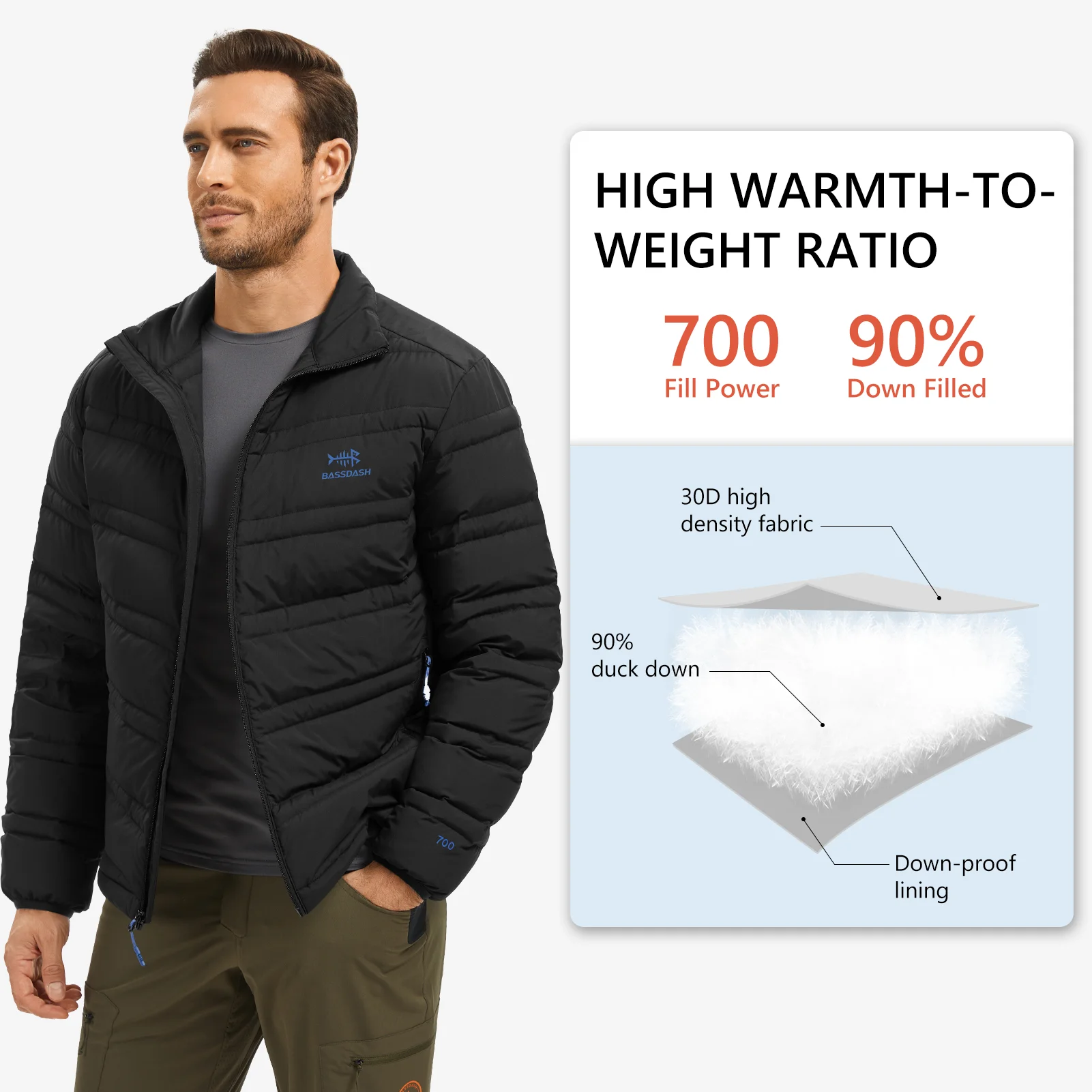 BASSDASH Chaqueta de plumón hinchada para hombre 700FP, abrigo cálido con aislamiento acolchado resistente al agua para caza, pesca, senderismo FS49M - imagen 3