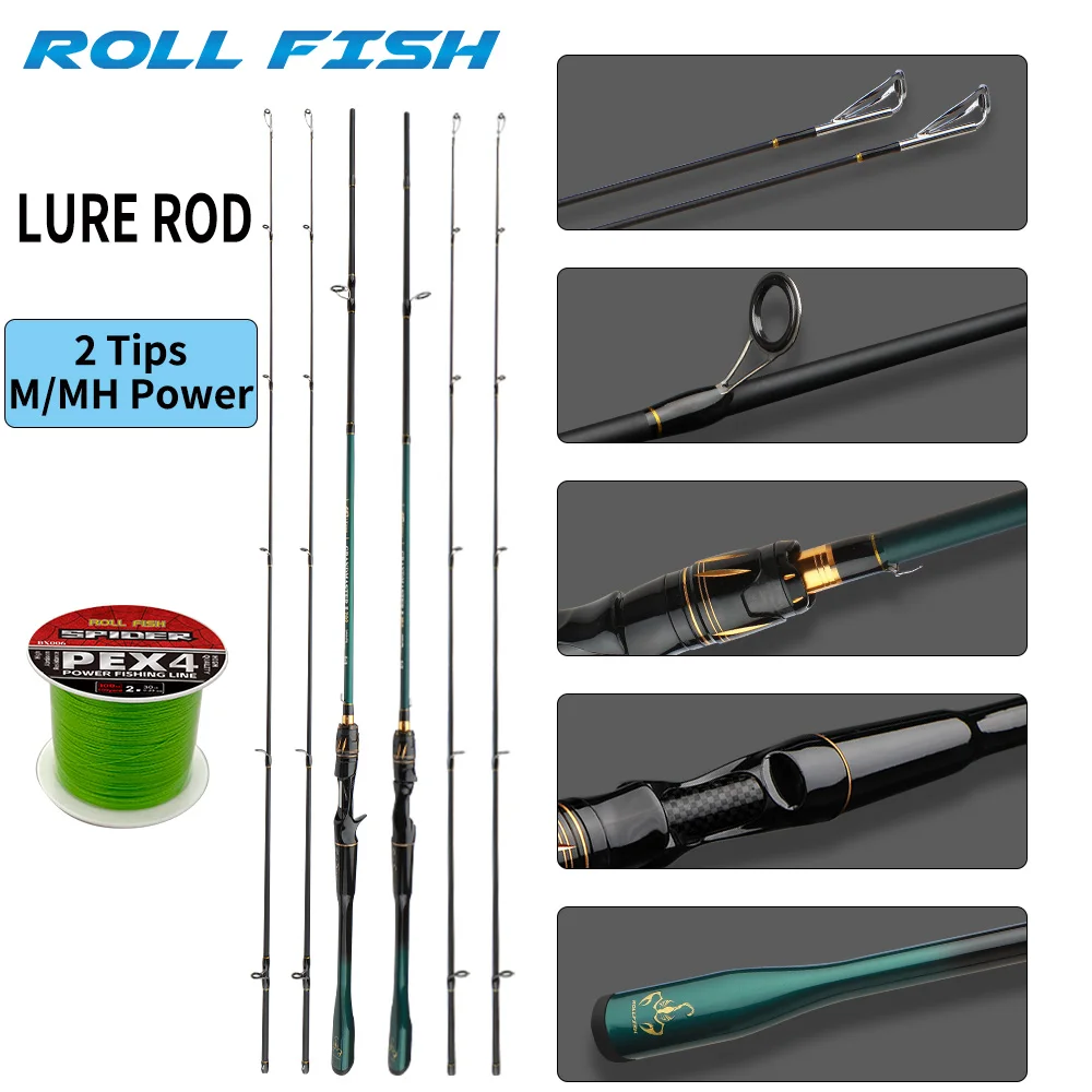 ROLLFISH M/MH Power doble punta de fibra de carbono señuelo giratorio/fundido caña de pescar pesca en agua dulce y salada + hilo de pescar de 100m - imagen 2