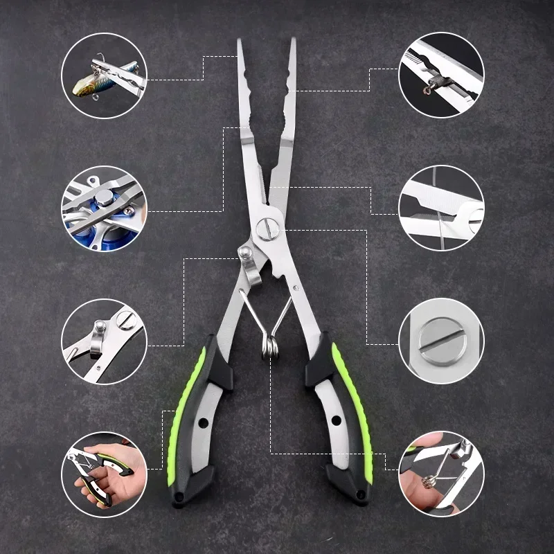 Pinzas de pesca con removedor de anzuelos, pinzas de pesca de nariz larga de acero inoxidable, cuchillo trenzado, pinzas de anillo bifurcadas, multifunción portátil para peces - imagen 5