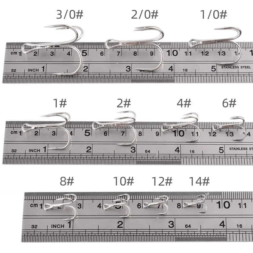 10 unids/lote 2 #   -14 #   3/0 #   Anzuelo de pesca plateado, anzuelos triples de acero rico en carbono, aparejos de pesca, triples curvados redondos para lubina - imagen 4