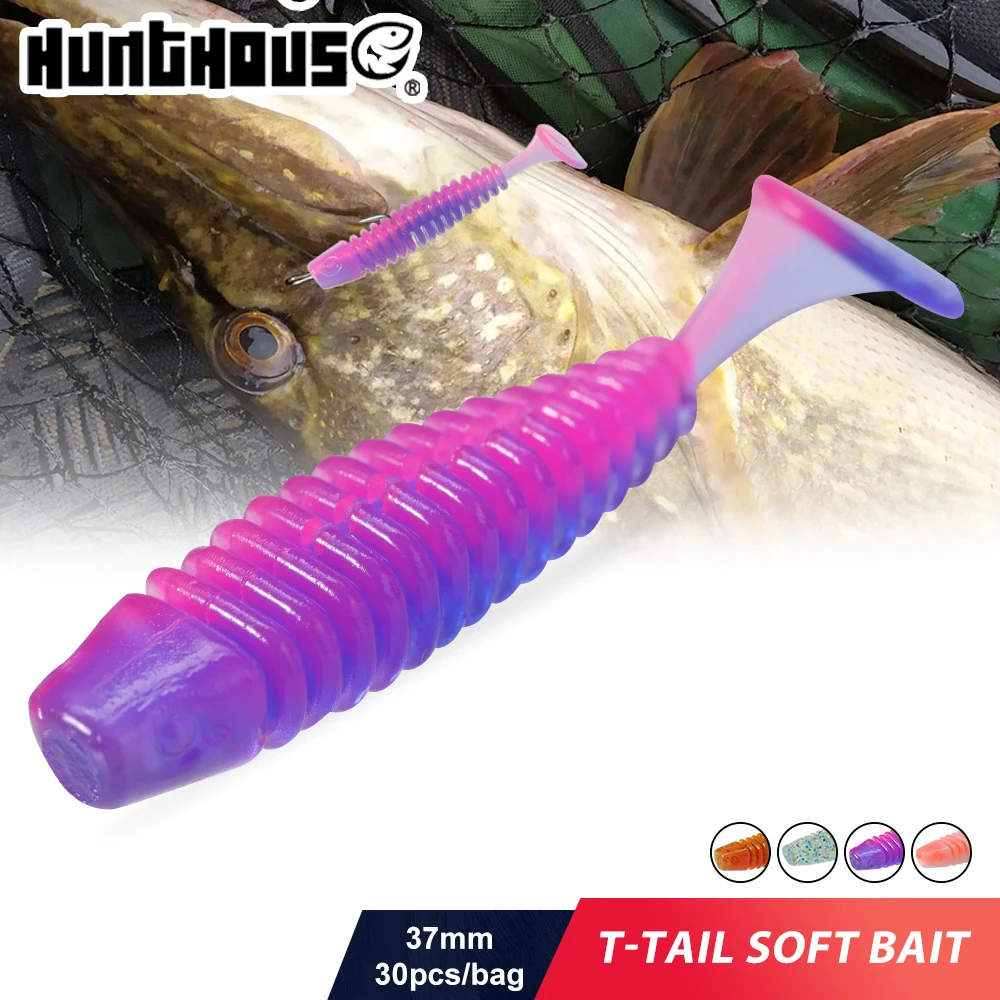 Hunthouse-señuelo de pesca suave con cola en T, 37mm, 0,6g, 30 unids/bolsa, cebos de plástico, gusano suave de goma Artificial para lubina, aparejos de pesca de silicona - imagen 2