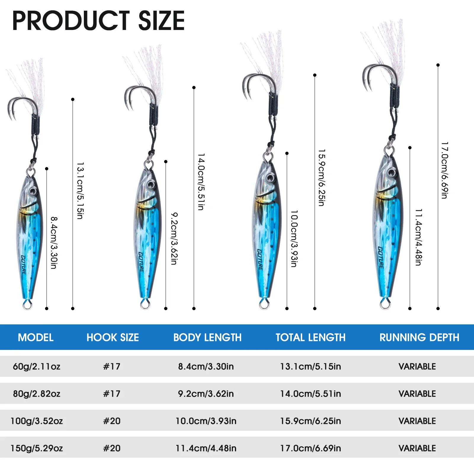 Goture-plantillas de Metal de 60g/80g/100g/150g, Señuelos de Pesca de Mar que se hunden, señuelo de Jigging duro, plantillas de fundición, anzuelo de doble asistencia, aparejos de pesca - imagen 5
