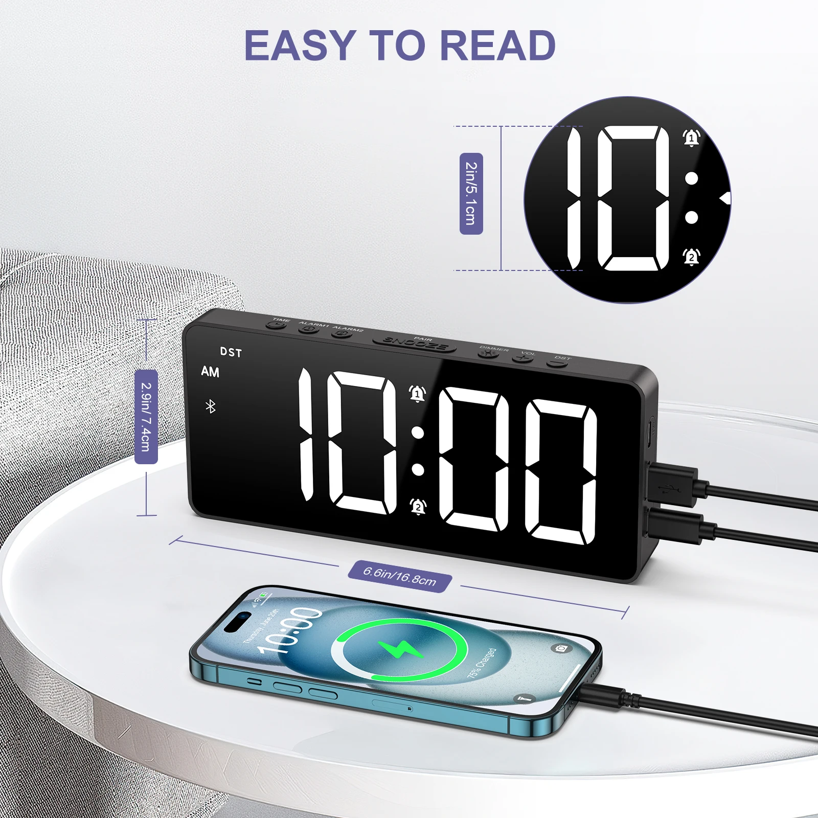 ORIA Reloj despertador LED Bluetooth alarma dual brillo ajustable - imagen 5