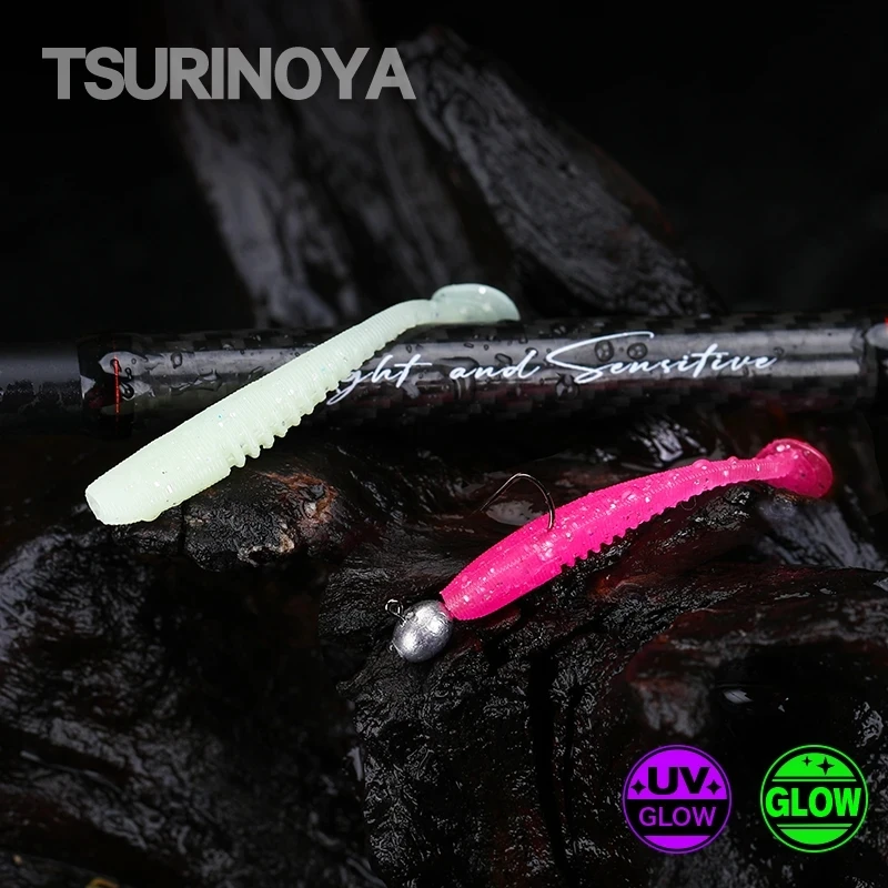 TSURINOYA-señuelo de pesca de cola T flexible, 38mm, 0,4g, luz de 20 piezas, juego Artificial de silicona UV, cebos blandos para peces de roca Ajing - imagen 3