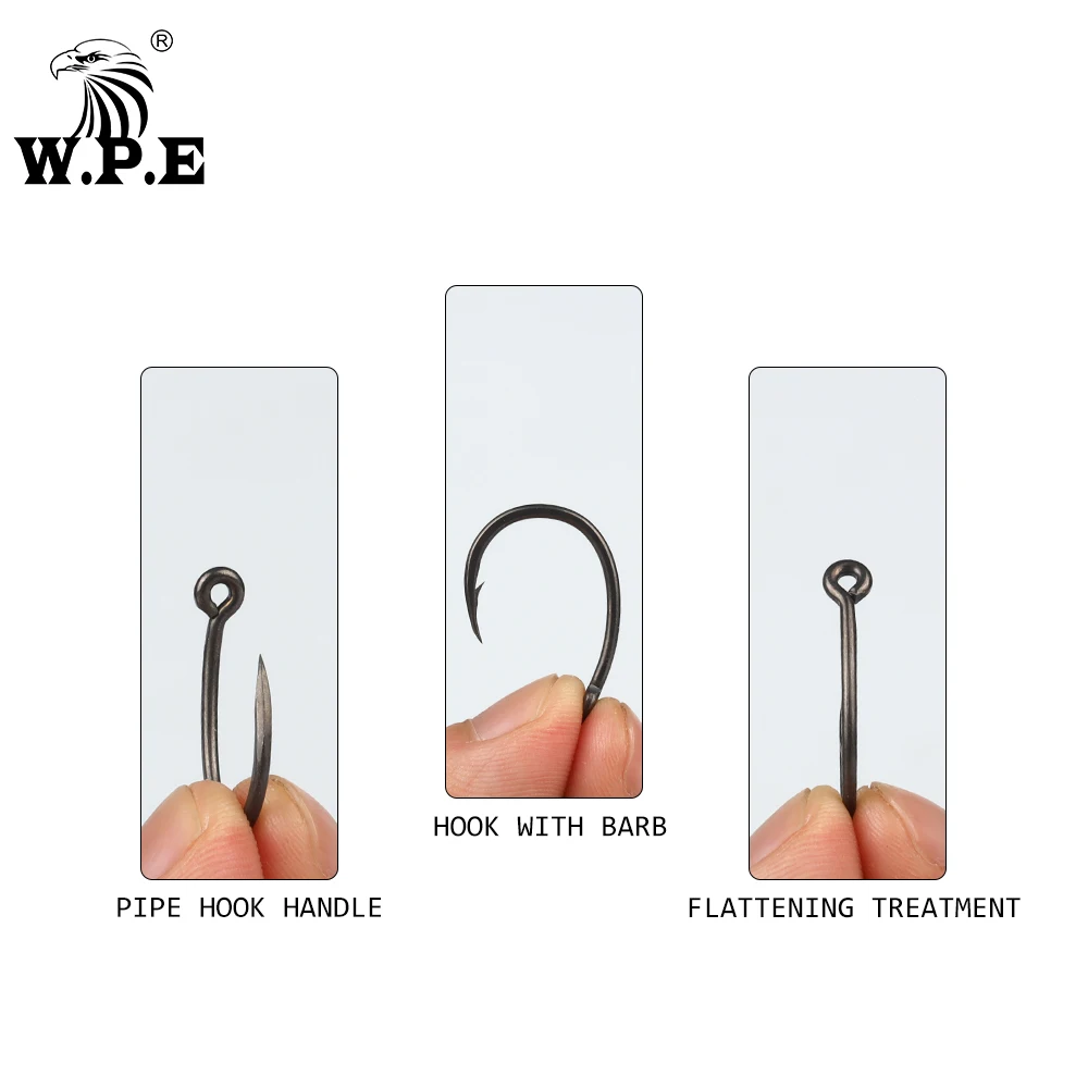 W.P.E 10 unids/pack anzuelos de pesca 1/2/4/6 #   Anzuelo de púas de acero rico en carbono, alimentador de pesca de carpa, anzuelos de señuelo, aparejos de pesca, anzuelo afilado - imagen 4