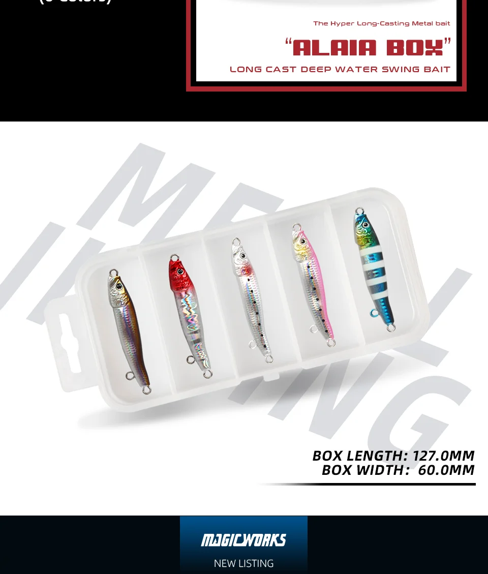 Una exhibición de señuelos de pesca en una caja de plástico transparente