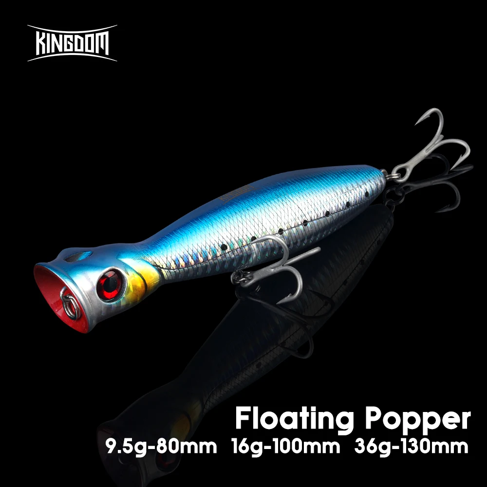 Señuelo de pesca Popper flotante Kingdom, 80mm, 9,5g, 100mm, 16g, 130mm, 36g, cebo Artificial TopWater, Wobbler duro para pesca de lubina y trucha