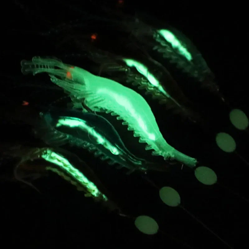 Cebo suave de camarón de silicona luminoso, 5 uds., 7,5 cm/5,5g, señuelo de pesca Artificial, cuentas giratorias, anzuelos, aparejo Sabiki, Swimbait Wobblers - imagen 4