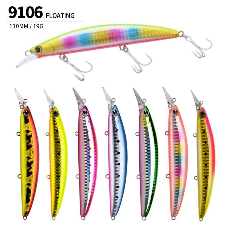 Señuelos de pesca flotantes de pececillo, 19g, 110mm, trucha marina, cebo duro Artificial, Wobblers de fundición larga, cebo de lubina de agua dulce y salada - imagen 3
