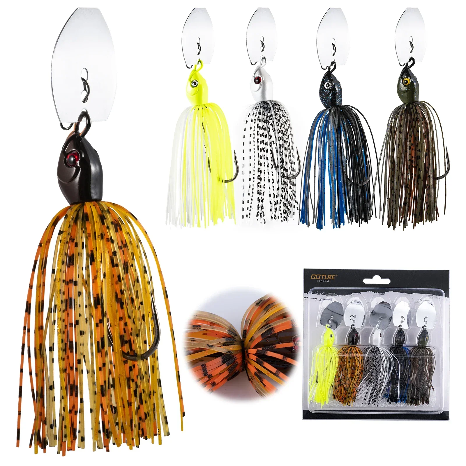 Goture 5 unids/lote 10g 14g cabeza de plantilla de silicona falda barba Señuelos de Pesca mosca goma nadar lubina anzuelo cebo Artificial Para Pesca señuelo