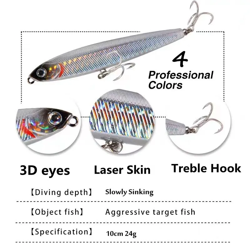 Señuelo de pesca de lubina, aparejos de pesca de agua salada, cebo de arrastre, accesorios de pesca, lápiz que se hunde, 10cm, 24g, 4 unids/set - imagen 2