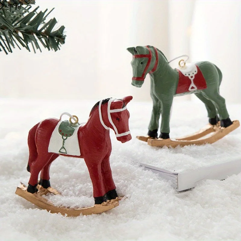 Caballo balancín 3D, colgante pequeño, decoración de árbol de Navidad, adorno colgante, decoración navideña Retro - imagen 4