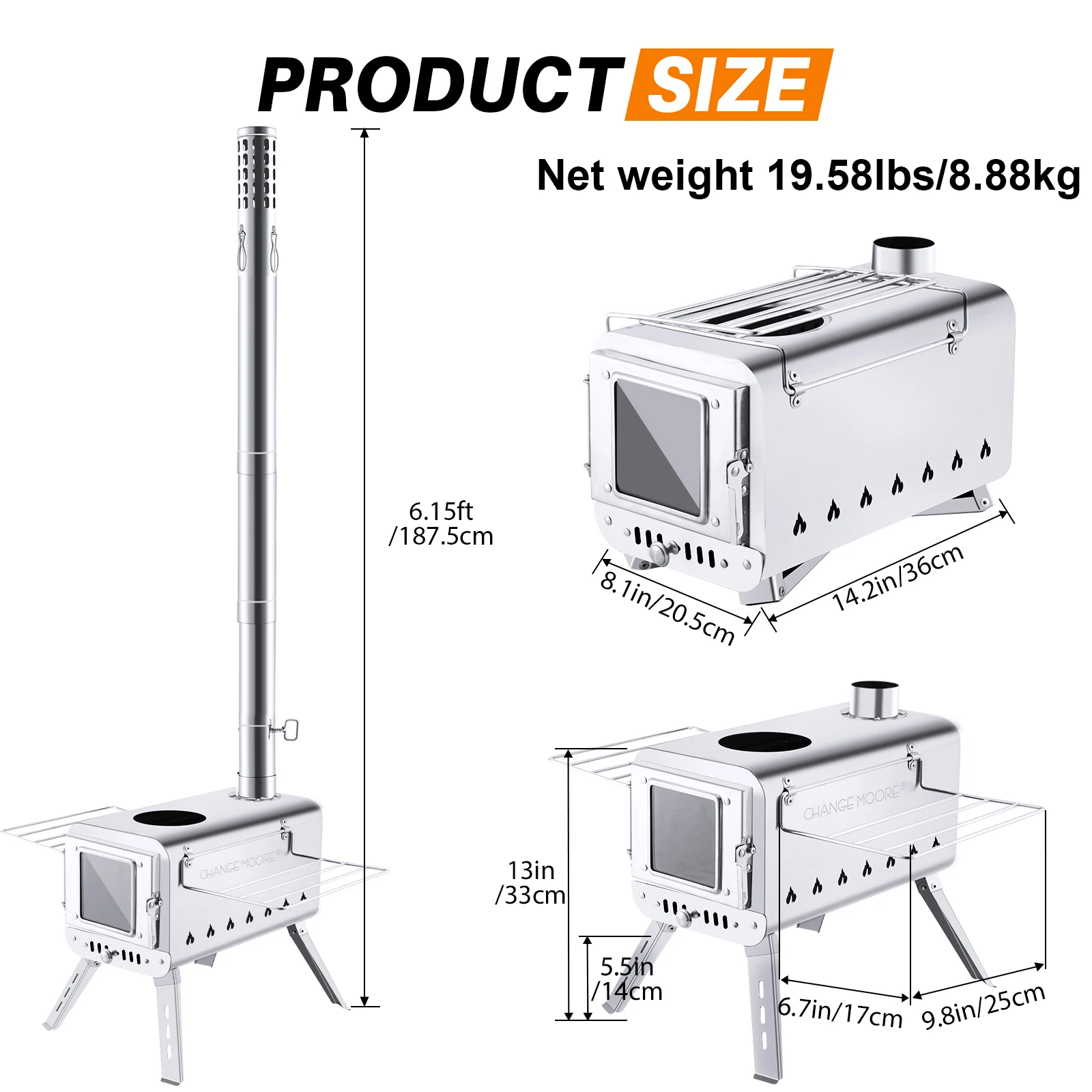 CHANCE MOORE 201 Estufa de tienda de campaña de acero inoxidable Accesorios completos Quemadura eficiente de seguridad con quemadura secundaria para picnic Camping