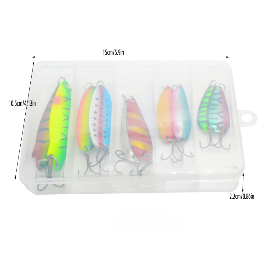 10 unids/caja cucharas de pesca cebo duro para Lucio trucha cuchara giratoria de Metal señuelo mezcla de colores con anzuelos triples juego de señuelos artificiales - imagen 4