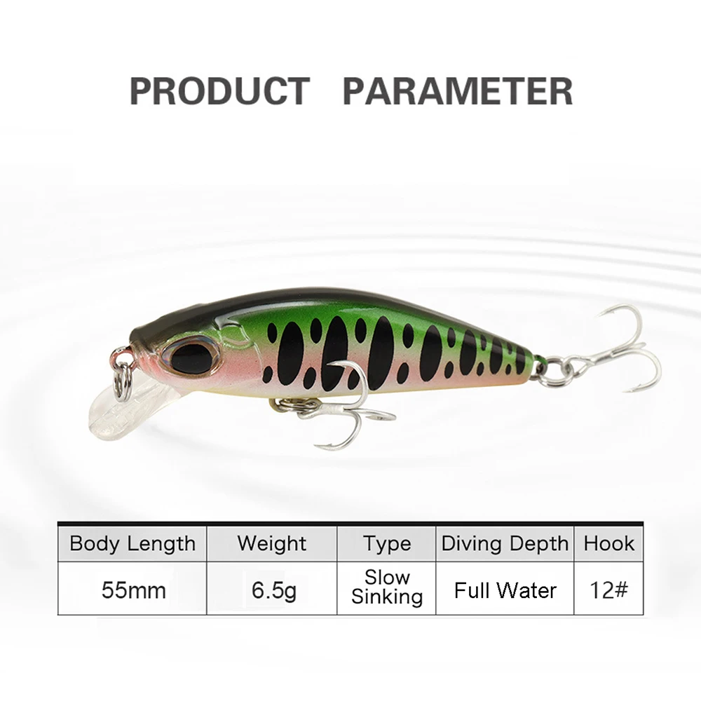 Señuelos de pesca de 5,5 cm y 6,5g, Wobbler de pececillo de hundimiento lento, cebo duro Artificial de fundición larga, Jerkbait, trucha, lubina, MN635 - imagen 3