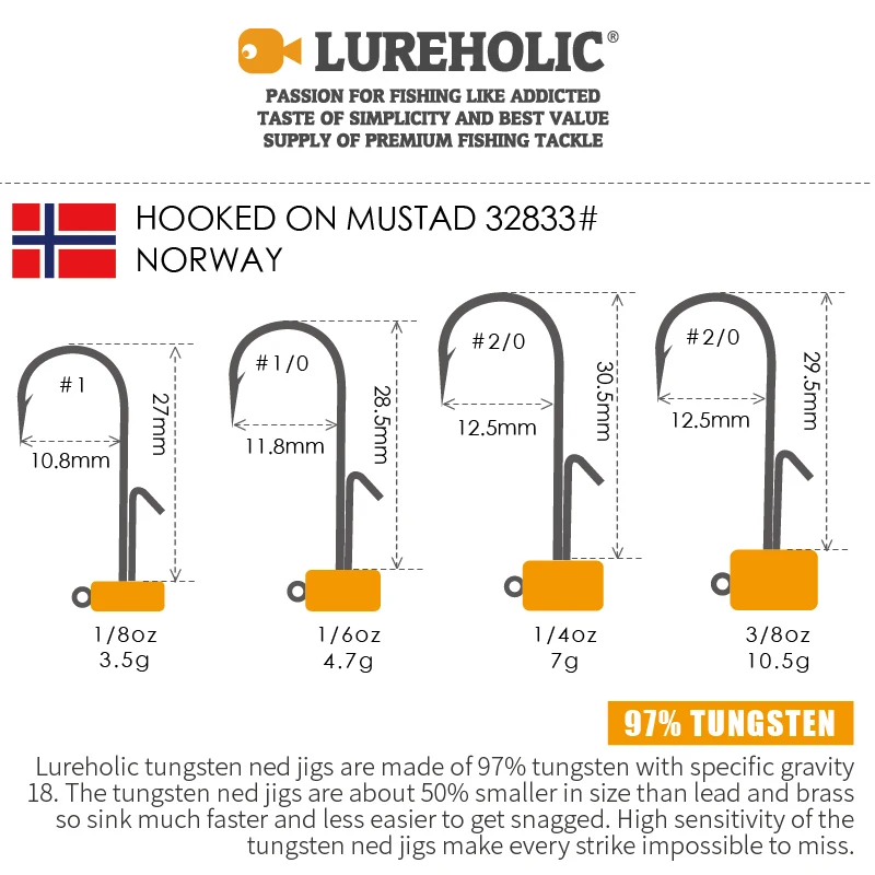 LUREHOLIC-Cabeza de plantilla Ned de tungsteno con anzuelo Mustad de Noruega, anzuelo de aparejo Ned, señuelo de pesca para pesca de lubina de fundición larga - imagen 3