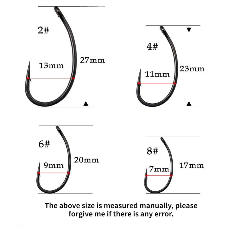 50 piezas tamaño 2 # ,4 # ,6 # ,8 #   Acero al carbono duro negro con gancho de púas pesca de carpa europea Gnippen pequeño gancho de mango curvo - imagen 2