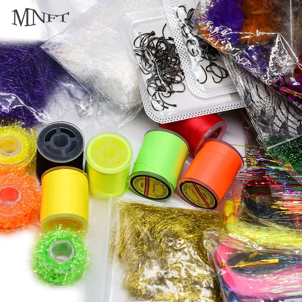 MNFT-Kit de Material para atar moscas para principiantes, hilo de piel de plumas, ganchos de línea de destello de cristal, materiales para atar moscas, Kits de inicio