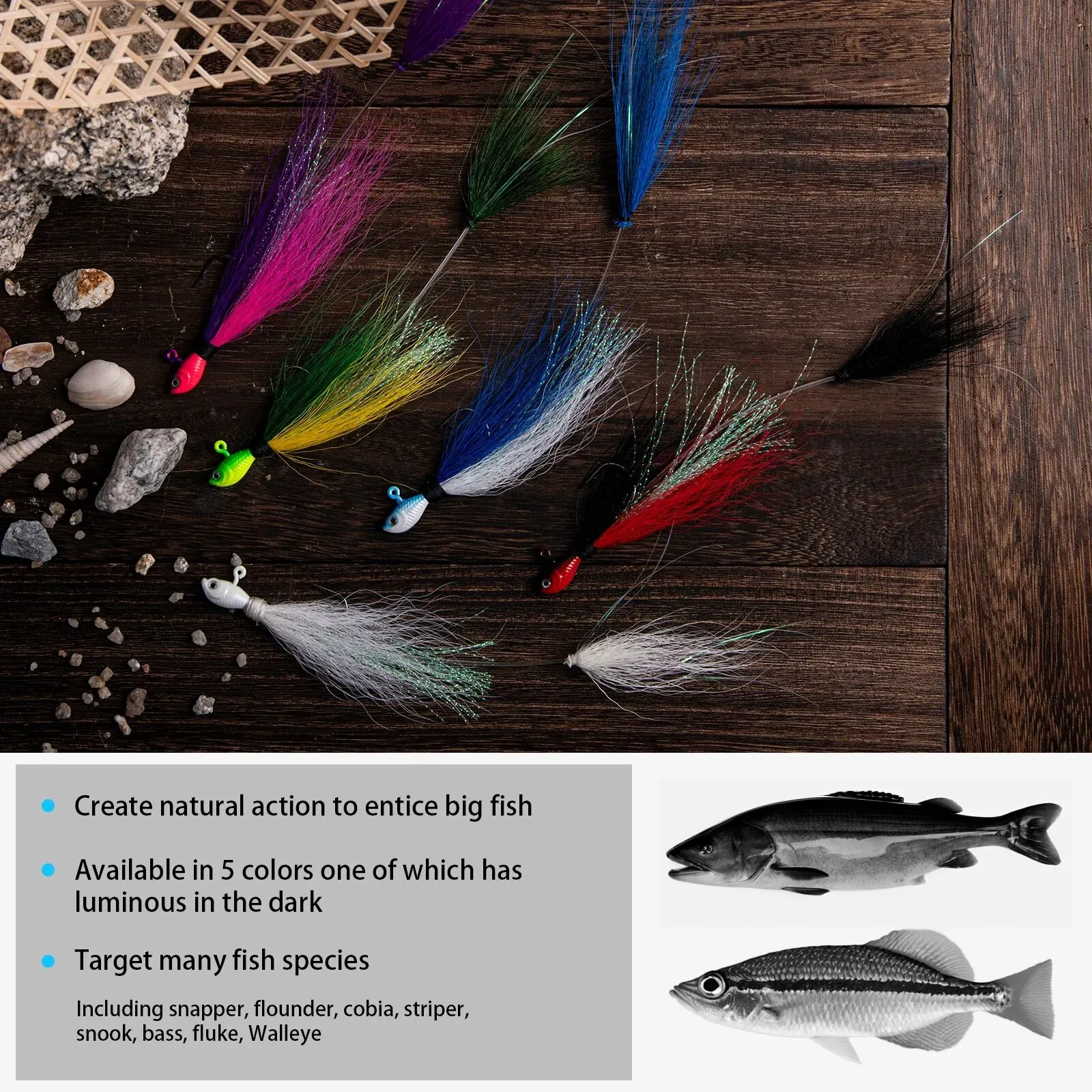 Goture 5 unids/lote Bucktail Jigs cabeza gancho 7g 14g 28g 56g 3D ojos cebo ciervo pelo pluma gancho barba Jigging señuelo pesca - imagen 4