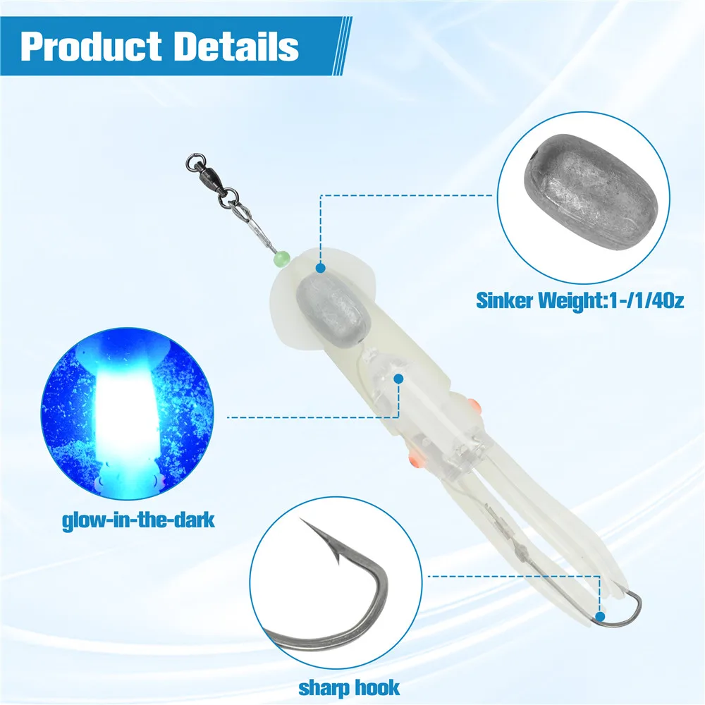 Señuelos de pesca de calamar de agua salada, 1 pieza, LED, 6/0 anzuelos, plantilla de calamar, halibut, Lincod, pelador de salmón, señuelos de curricán, faldas intermitentes, cebo - imagen 3