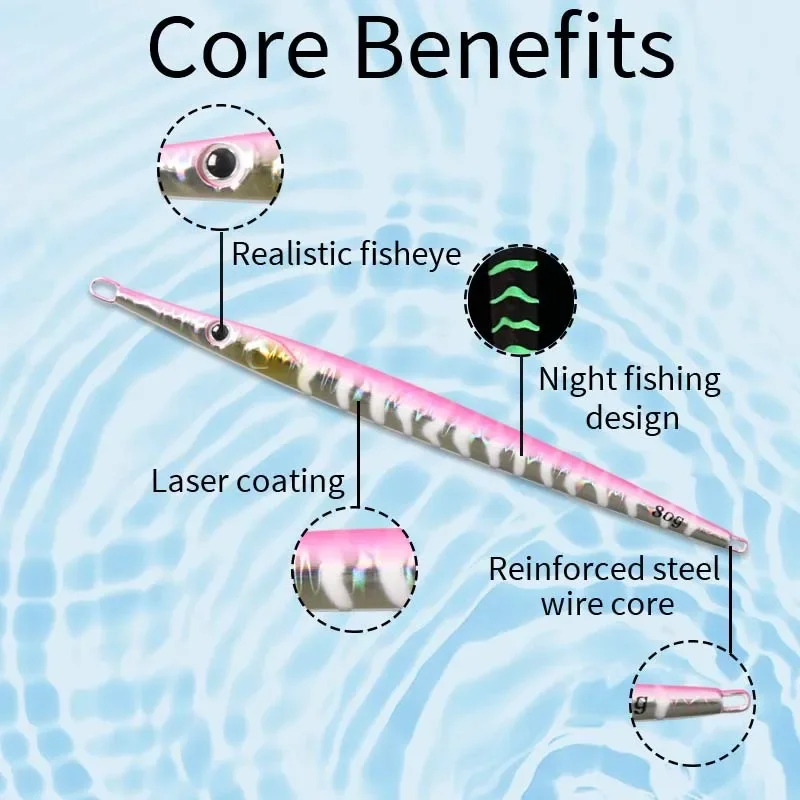 Plantilla de aguja de pesca, señuelo tipo sonajero de Metal largo, 170mm/80g, 180mm/100g, hundimiento UV, Jigging lento, cuchara para orilla, aparejos artificiales, 1 Uds. - imagen 4