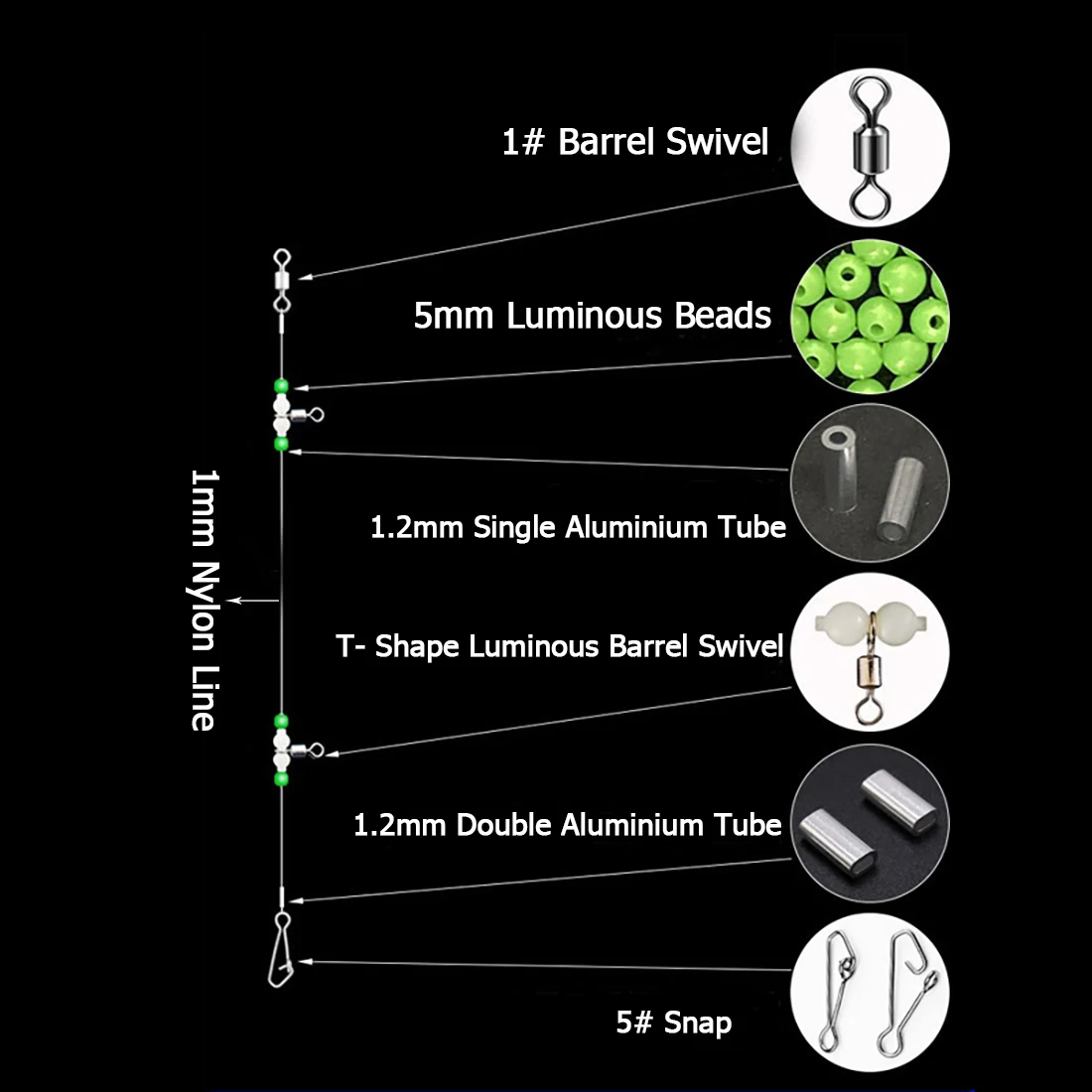 FishTrip-Juego de aparejo de pesca giratorio de 3 vías con cuentas luminosas nocturnas, conectores de gancho de agua salada para sedal y anzuelo de peso 2/3/4 - imagen 4