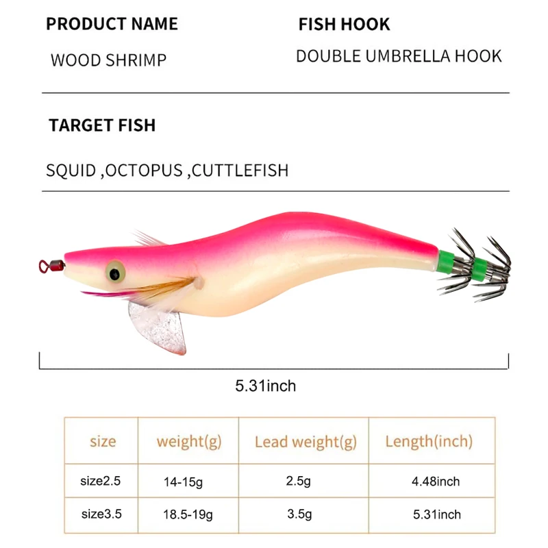 Señuelo de pesca de camarón de madera, anzuelo de Calamar luminoso de 3,0g y 3,5g, 6 piezas - imagen 2